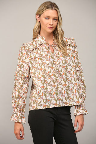 Floral Flutters Tie Neck Top