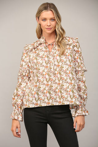 Floral Flutters Tie Neck Top