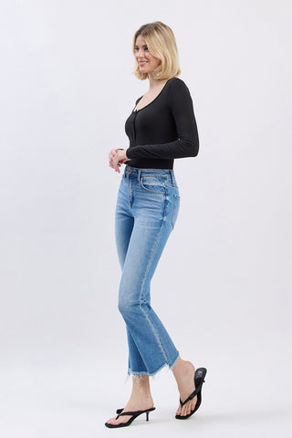 Flying Monkey High Rise Slant Raw Hem Crop Flare Jeans