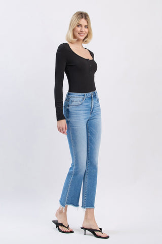 Flying Monkey High Rise Slant Raw Hem Crop Flare Jeans