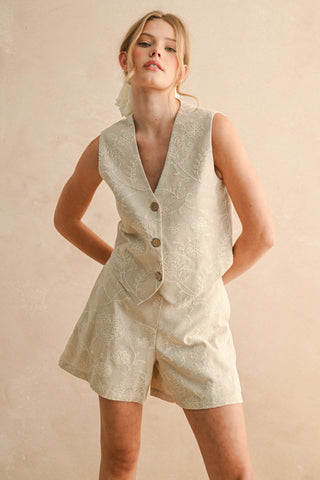 Lovely In Linen Floral Embroidered Vest