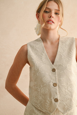 Lovely In Linen Floral Embroidered Vest