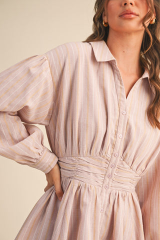 In A Blush Striped Button Down Dress