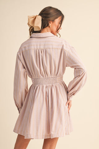 In A Blush Striped Button Down Dress