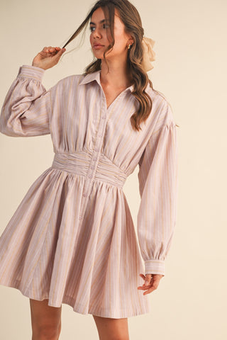 In A Blush Striped Button Down Dress