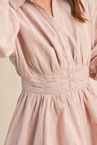 In A Blush Striped Button Down Dress