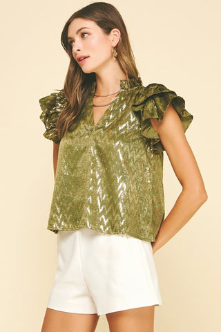 Olive Shimmer Ruffle Sleeve Top