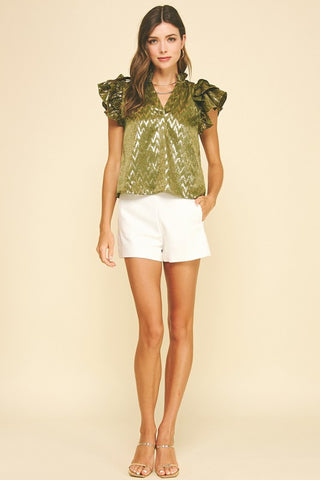 Olive Shimmer Ruffle Sleeve Top