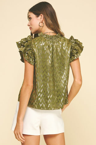 Olive Shimmer Ruffle Sleeve Top