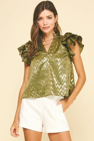 Olive Shimmer Ruffle Sleeve Top