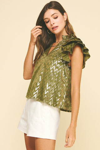 Olive Shimmer Ruffle Sleeve Top