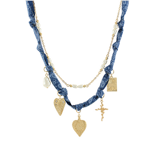 Layered Scarf Heart And Multi Charm Necklace