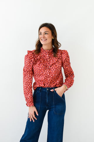 Karlie Leopard Poplin Ruffle Top
