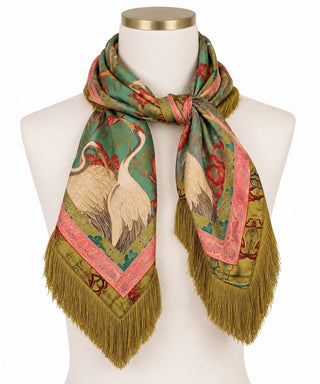 Crane Print Fringe Trim Scarf
