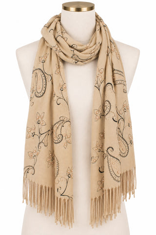 Printed Paisley Pearl Oblong Fringed Scarf