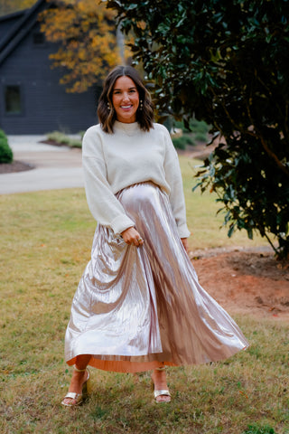Sheen Queen Metallic Pleated Midi Skirt