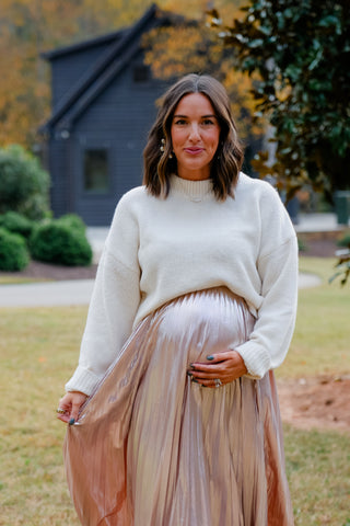 Sheen Queen Metallic Pleated Midi Skirt