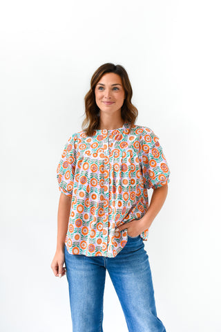 Karlie Floral Button Pleat Sleeve Top