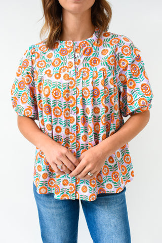 Karlie Floral Button Pleat Sleeve Top