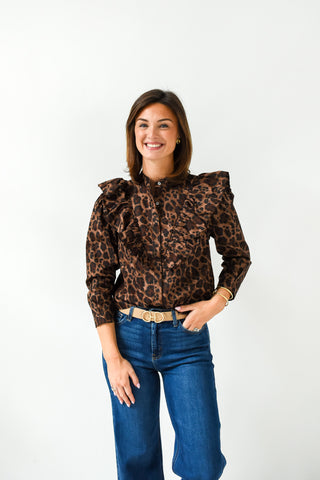Karlie Leopard Ruffle Button Top