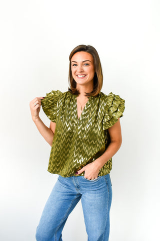Olive Shimmer Ruffle Sleeve Top