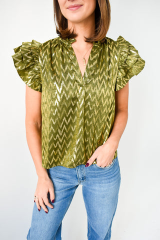 Olive Shimmer Ruffle Sleeve Top