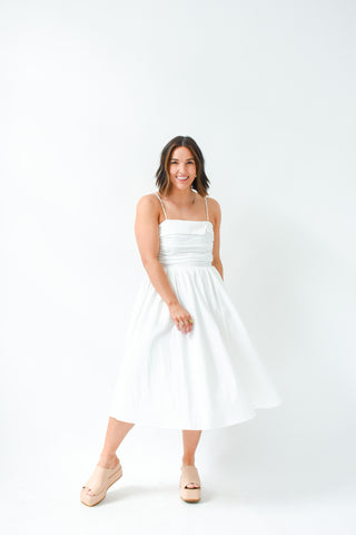 White Hot Shirring Midi Dress