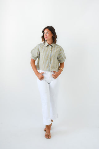 Karlie Stripe Linen Button Puff Sleeve Top