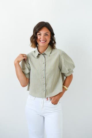 Karlie Stripe Linen Button Puff Sleeve Top