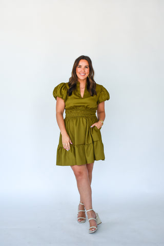 Olive Twist Smocked Waist Dress