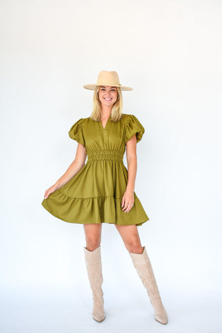 Olive Twist Smocked Waist Dress