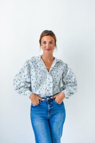 Karlie French Floral Ruffle Button Up Top