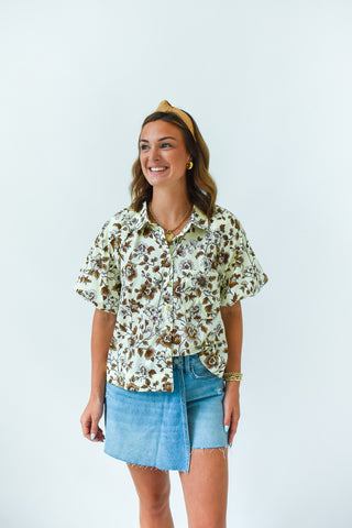 Mocha Meadows Floral Button Up Top