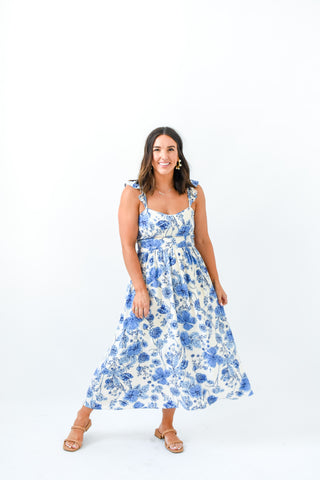 Linen Around Blue Floral Midi Dress