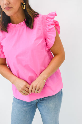 Solid Smocked Frill Sleeve Top