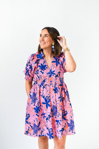 Karlie Floral Poplin Puff Sleeve Collar Dress