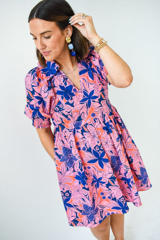 Karlie Floral Poplin Puff Sleeve Collar Dress