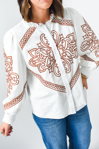 Saddle and Stitch Embroidered Button Up Top