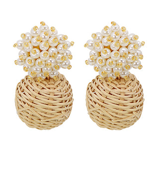Beaded Pompom And Rattan Ball Earrings