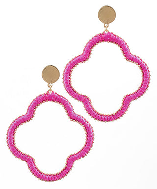 Metal Dotted Trim Raffia Clover Earrings