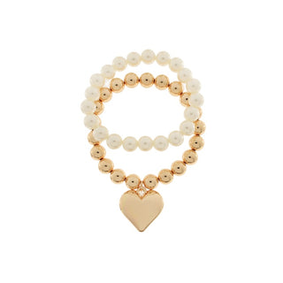 2 Row Heart Charm Pearl Bracelet Set