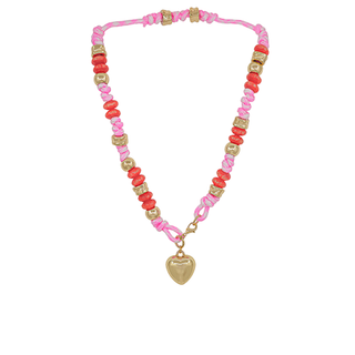 Puffy Heart & Candy Bead Cord Necklace