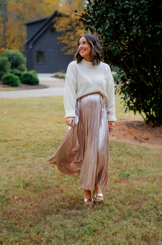 Sheen Queen Metallic Pleated Midi Skirt