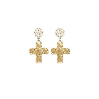 Hammered Cross and Pearl Drop Earrings