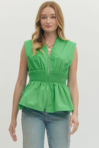 Polished Peplum Zip Front Top