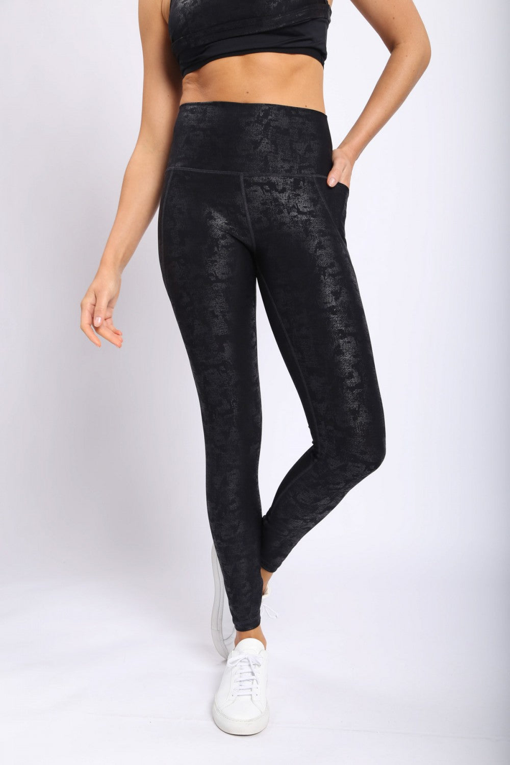 Metallic Foil High Waisted Leggings With Side Pockets