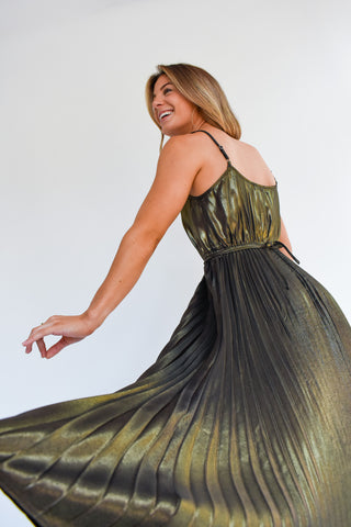 Sparkle And Shine Metallic Pleated Midi Dress