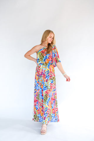 Rain Dance One Shoulder Satin Maxi Dress