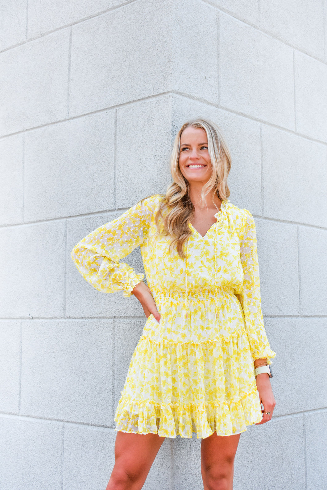 Hello Yellow Textured Floral Dress