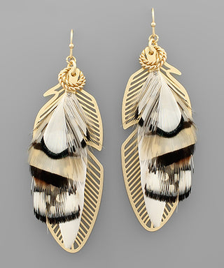 Color Feather And Filigree Leaf Earrings